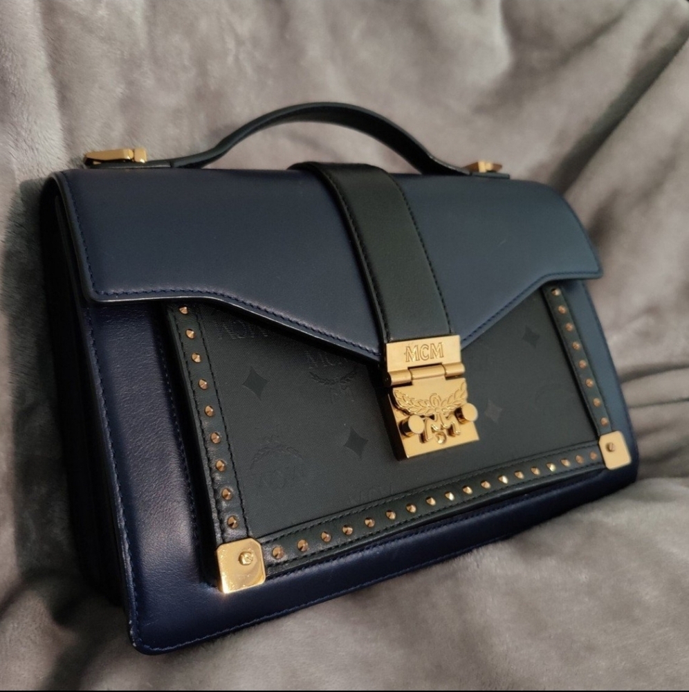 MCM Navy and Black Leather Satchel with Gold Accents